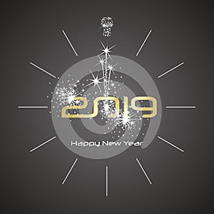 Happy New Year 2019 champagne firework clock gold shining numbers black background