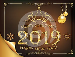 Happy New Year 2019 - classic greeting card with brown background