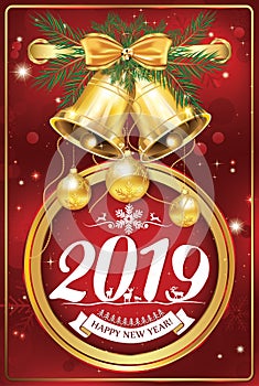 Happy New Year 2019 - classic greeting card with red background