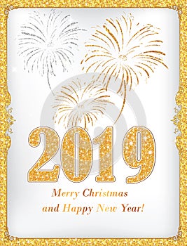 Happy New Year 2019 - classic greeting card with white/silver background