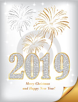 Happy New Year 2019 - classic greeting card with white / silver background