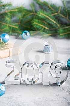 Happy New Year 2019 composition metallic letters balls fir-tree