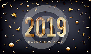 Happy New Year 2019. Creative abstract vector illustration with sparkling golden numbers on dark background