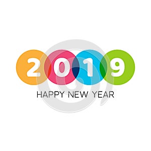 Happy new year 2019 creative text design with geometric elements. Bold white text in colorful circles. Vector template for your