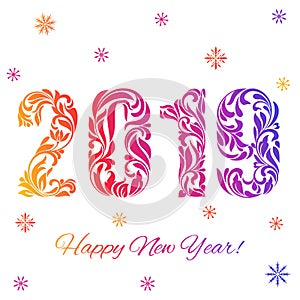 Happy New Year 2019. Decorative Font made of swirls and floral elements. Colored Numbers and snowflakes