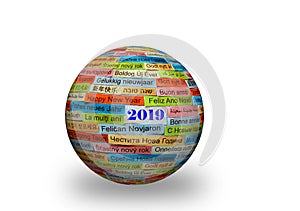 Happy New Year 2019 on different languages on 3d sphere