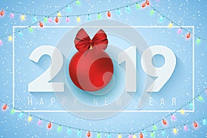 Happy new year 2019. Festive banner for your project. Falling snowflakes on a light blue background. Christmas colorful garland. P