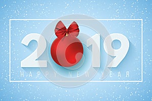 Happy new year 2019. Festive banner for your project. Falling snowflakes on a light blue background. Paper numbers with a New Year