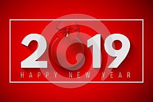 Happy new year 2019. Festive banner for your project. Falling snowflakes on a light red background. Paper numbers with a New Year