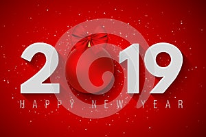 Happy new year 2019. Festive banner for your project. Snowflakes on a light red background. Paper numbers with a New Year`s toy.