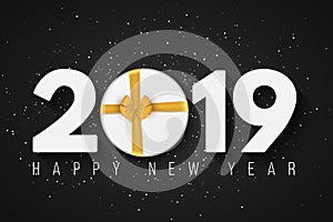 Happy new year 2019. Festive brochure. Gift round box with golden ribbon and bow. Snow dust on a black background. Paper numbers w