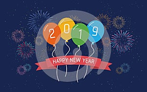 Happy new year 2019 in floating party balloon and ribbon with colorful fireworks in flat icon design on dark blue color background