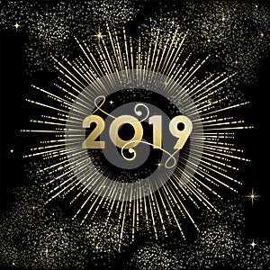 Happy New Year 2019 gold firework greeting card