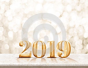 Happy new year 2019 gold glossy 3d rendering on marble table