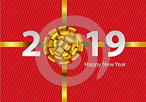 Happy New Year 2019 Gold ribbon white number text on red line pattern design for holiday festival countdown celebration background