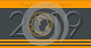 Happy New Year 2019 With Golden Colored Text and Clock Striking