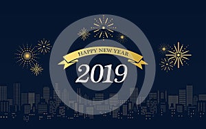 Happy new year 2019 in golden ribbons with fireworks and city skyline at night on dark blue color background