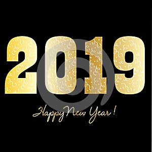 Happy new year 2019 graphic with gold confetti pattern