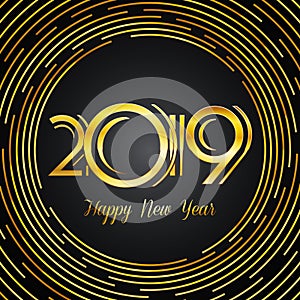 Happy New Year 2019 Greeting Card - Golden Numbers on Dark Background with Round Lines Design | EPS10 Vector Illustration