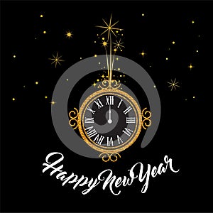 Happy New Year 2019. greeting card . New Year background with gold clock