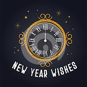 Happy New Year 2019. greeting card . New Year background with gold clock