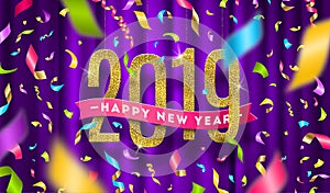 Happy New year 2019 greeting illustration. Glitter gold numbers and multicolored confetti on a violet curtain background.