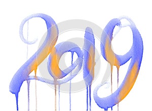 Happy New Year 2019 - Hand drawn colorful watercolor lettering isolated on white background