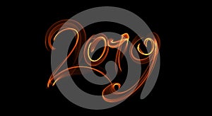 Happy new year 2019 isolated numbers lettering written with fire flame or smoke on black background