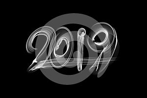 Happy new year 2019 isolated numbers lettering written with fire flame or smoke on black background