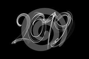 Happy new year 2019 isolated numbers lettering written with fire flame or smoke on black background