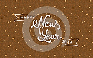 Happy New Year 2019 lettering. Outline seamless pattern