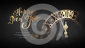 Happy New Year 2019. Low poly wireframe art on blackbackground. Concept for holiday or magic or miracle. Effect Starry sky.