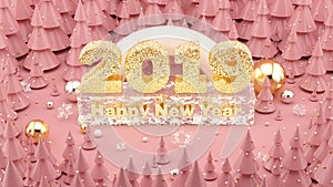 Happy New Year 2019 Millennial pink colored 3D illustration with Christmas trees and decorations