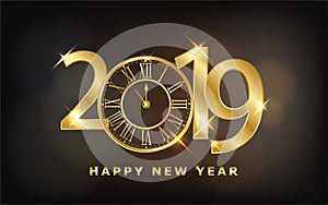 Happy New Year 2019 - New Year Shining background with gold clock and glitter