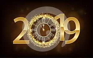 Happy New Year 2019 - New Year Shining background with gold clock and glitter.