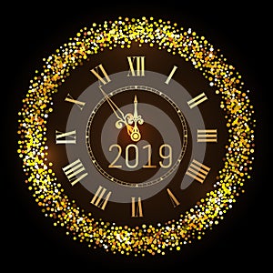 Happy New Year 2019 - New Year Shining luxury premium background with gold clock and glitter decoration. Time twelve o