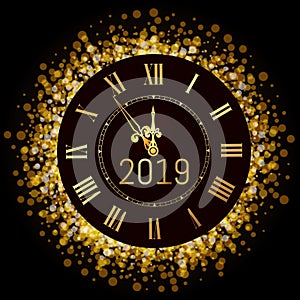 Happy New Year 2019 - New Year Shining luxury premium background with gold clock and glitter decoration. Time twelve o\'clock.