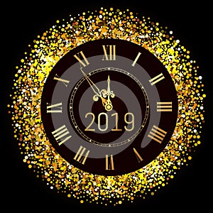 Happy New Year 2019 - New Year Shining luxury premium background with gold clock and glitter decoration. Time twelve o`clock.
