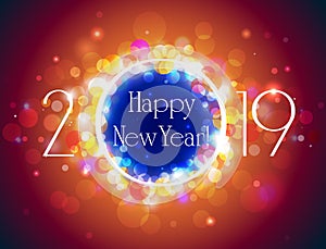 Happy new year 2019 orange blue greeting card glittering vector hot clorful bokeh background