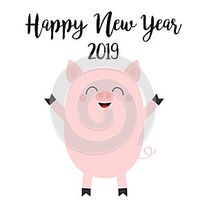 Happy New Year 2019. Pink pig. Piggy piglet. Chinise symbol. Cute cartoon funny kawaii smiling baby character. Flat design. White