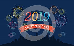 Happy new year 2019 in ribbons with colorful fireworks and round city skyline at night on dark blue color background