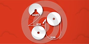 Happy New Year 2019 with shodow of cloud on red background. Vector illustration with calligraphy design of number in paper cut