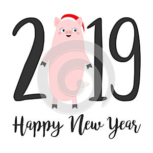 Happy New Year 2019 text. Cute fat pig. Pink piggy piglet. Santa hat. Chinise symbol. Cartoon funny kawaii smiling baby character.