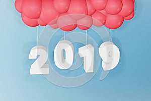 Happy new year 2019, Text design and balloons on a blue background with copy space