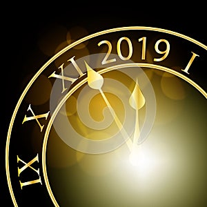 Happy New Year 2019 text design. Vector greeting illustration with gold numbers and a clock on a dark background.