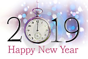 Happy New Year 2019. Text illustration and vintage pocket watch