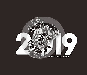 Happy New Year 2019 Text with women guitarists playing guitar