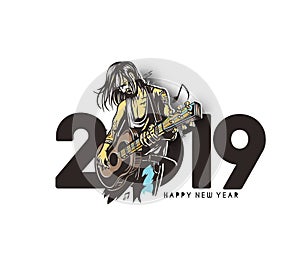 Happy New Year 2019 Text with women guitarists playing guitar