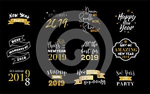 Happy New Year 2019 typographic emblems set. Vector logo, text design. Black, white and gold. Usable for banners