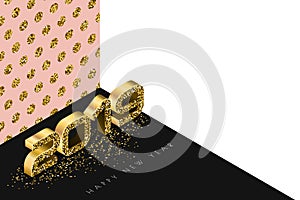 Happy New Year 2019 vector banner with golden numbers in 3d isometric style. Abstract holiday gold background.